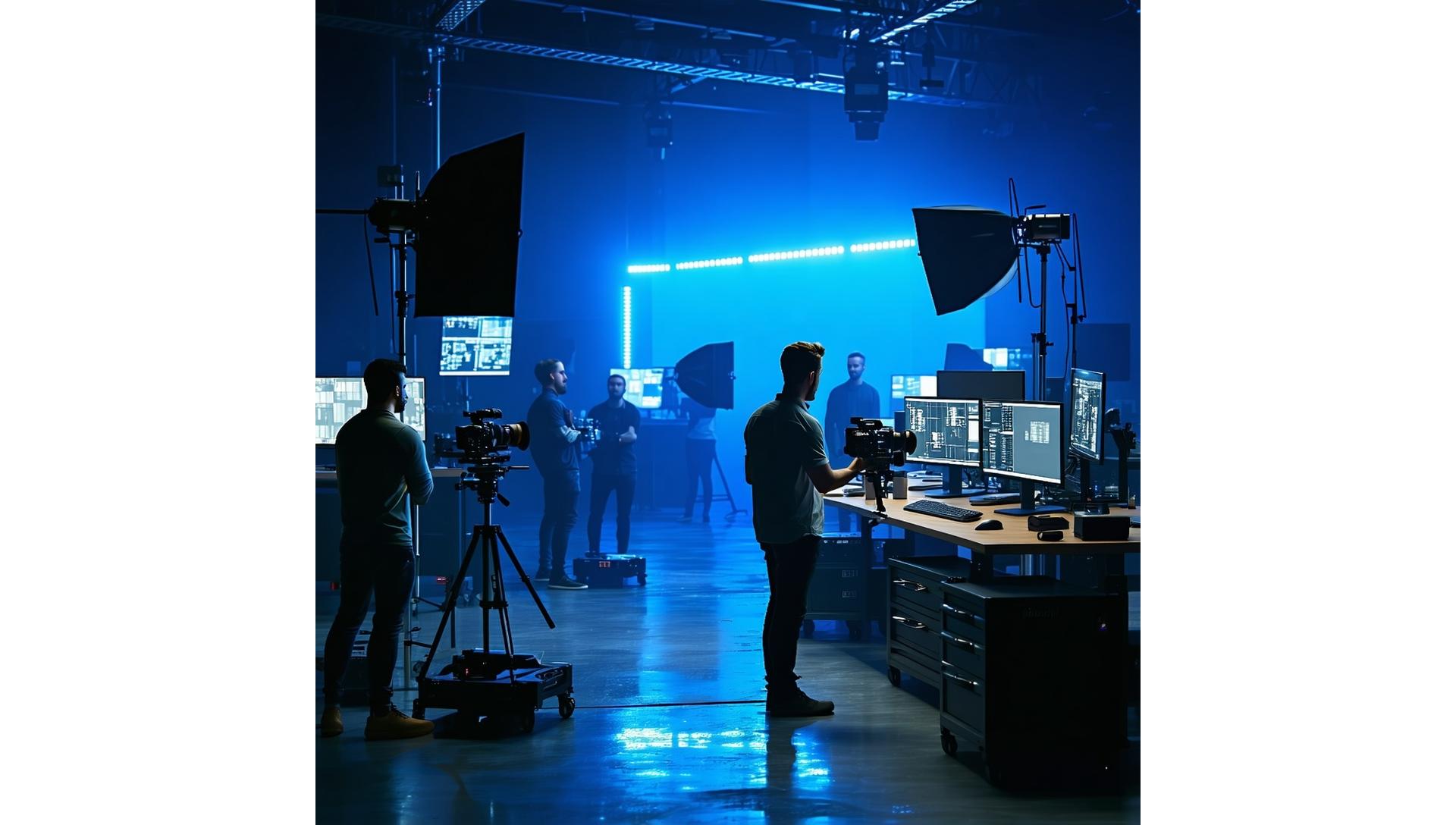 Dynamic video production studio scene with diverse equipment and creative team members.