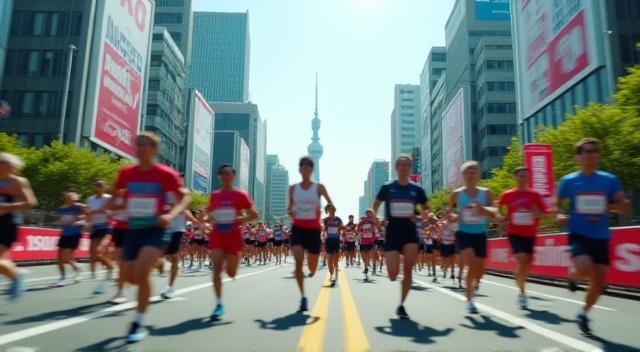 Still from a dynamic Tokyo Marathon event recap video.