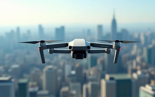 Drone camera in action over a city skyline.