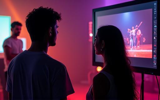 Director and artist reviewing footage on a music video set.